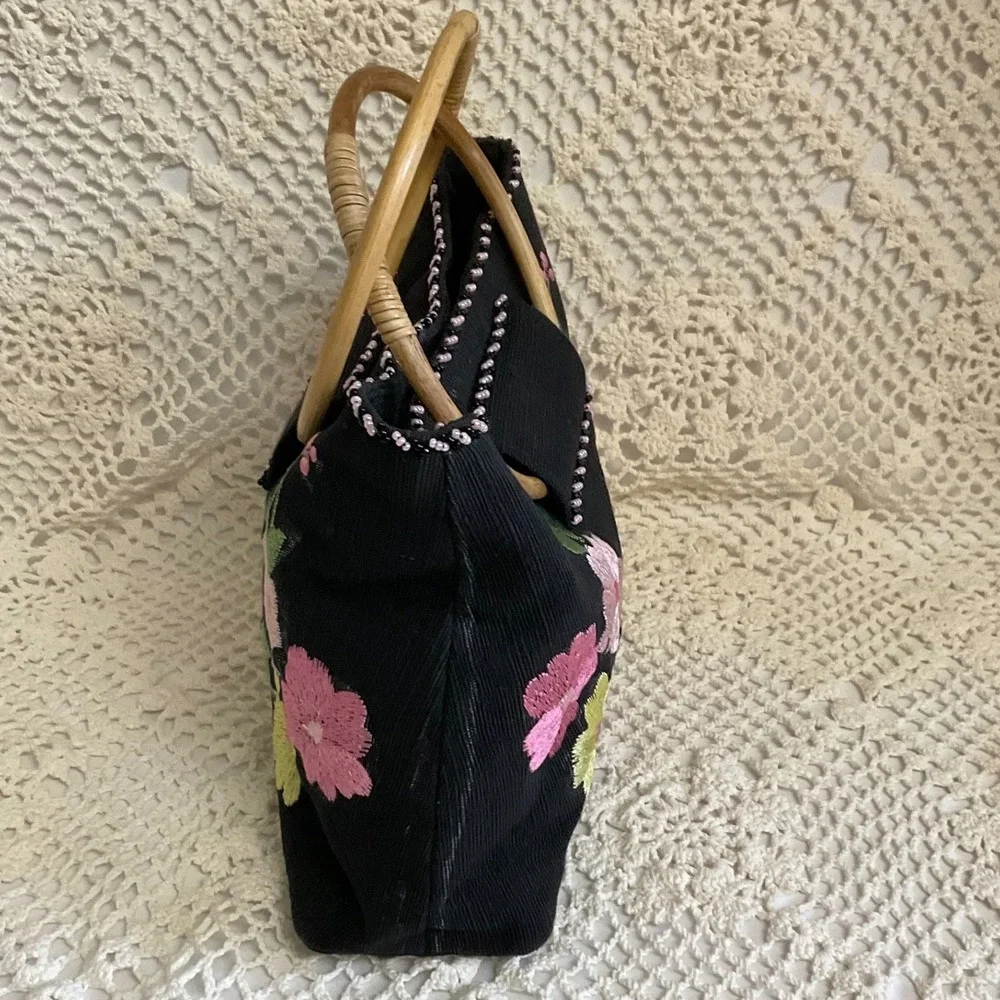 Royal Rose Floral Embroidered Handbag Womens Small Black Bamboo Handle